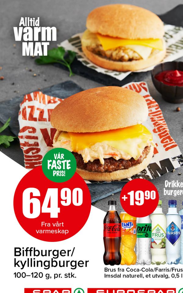 Biffburger/kyllingburger Alltid varm MAT VÅR FASTE PRIS! Fra vårt varmeskap 100–120 g, pr. stk.