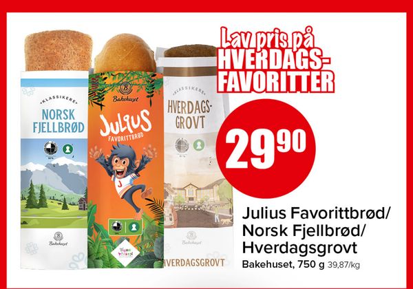 Julius Favorittbrød/ Norsk Fjellbrød/ Hverdagsgrovt Lav pris på HVERDAGS- FAVORITTER Bakehuset, 750 g 39,87/kg