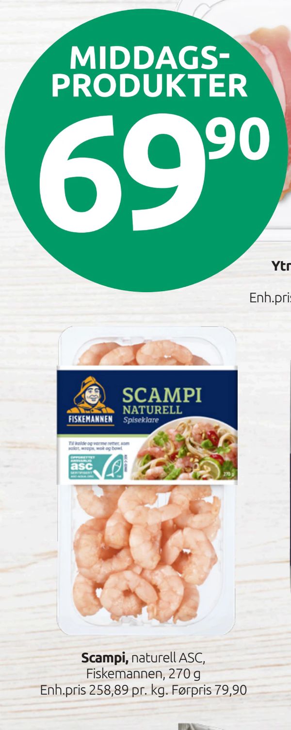Scampi naturell ASC, Fiskemannen, 270 g Enh.pris 258,89 pr. kg. Førpris 79,90