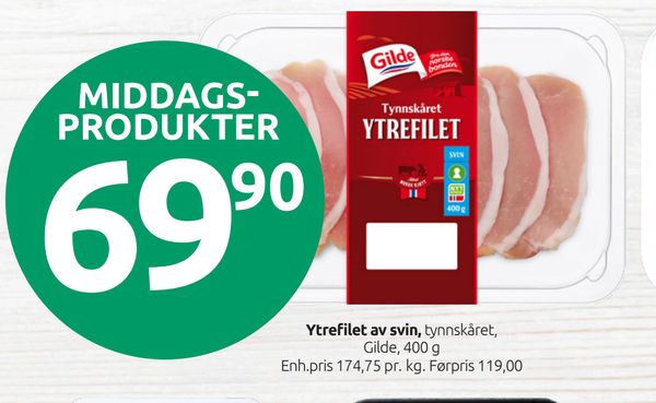 Ytrefilet av svin tynnskåret, Gilde, 400 g Enh.pris 174,75 pr. kg. Førpris 119,00