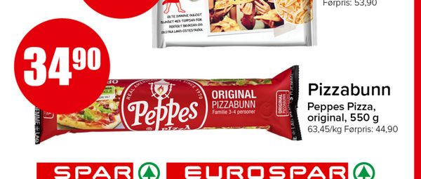 Pizzabunn Peppes Pizza, original, 550 g 63,45/kg Førpris: 44,90