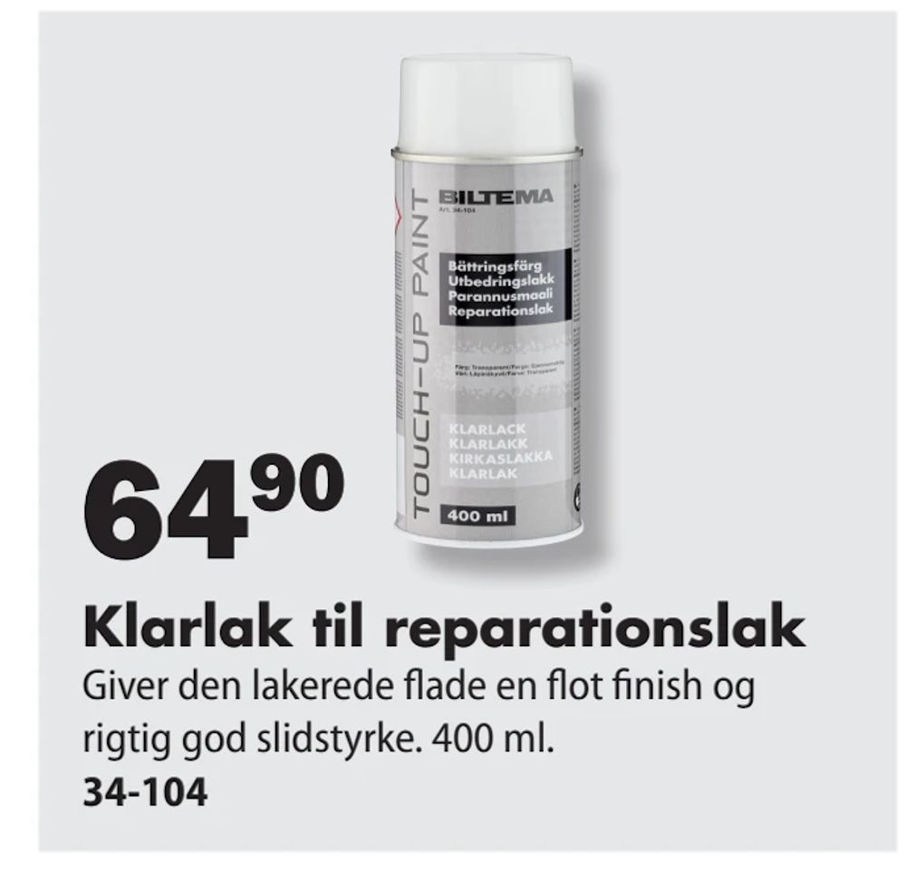 Tilbud på Klarlak til reparationslak fra Biltema til 64,90 kr.