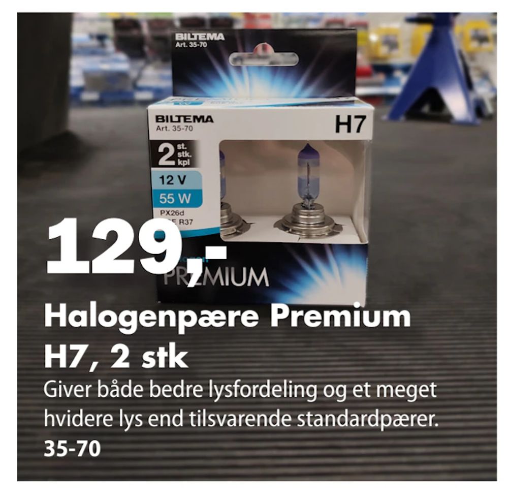 Tilbud på Halogenpære Premium H7, 2 stk fra Biltema til 129 kr.