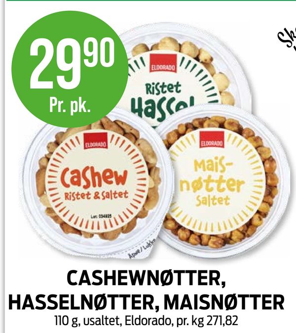CASHEWNØTTER, HASSELNØTTER, MAISNØTTER 110 g, usaltet, Eldorado, pr. kg 271,82
29,90 Pr. pk.