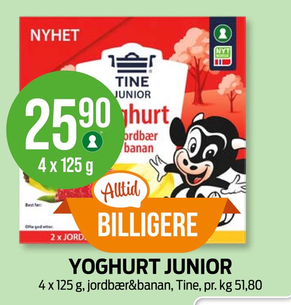 YOGHURT JUNIOR NYHET 4 x 125 g, jordbær&banan, Tine, pr. kg 51,80 Alltid BILLIGERE