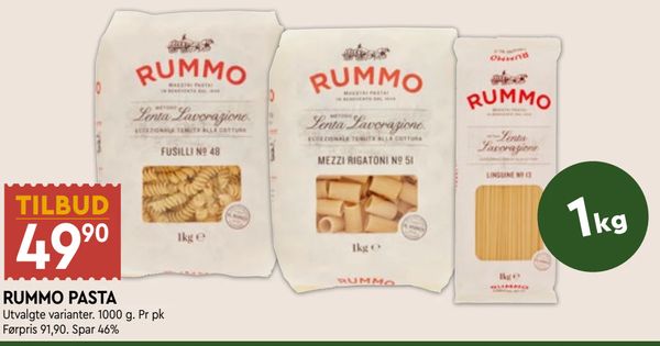 RUMMO PASTA Utvalgte varianter. 1000 g. Pr pk Førpris 91,90. Spar 46%