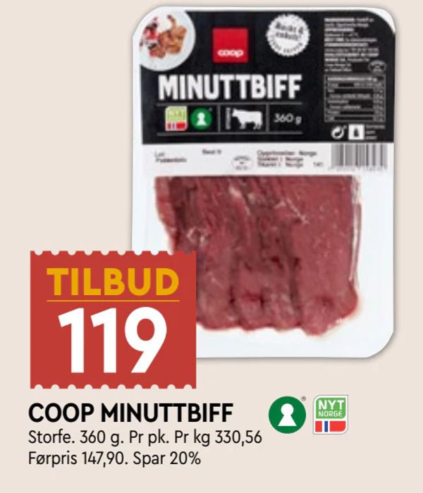 COOP MINUTTBIFF Storfe. 360 g. Pr pk. Pr kg 330,56 Førpris 147,90. Spar 20%