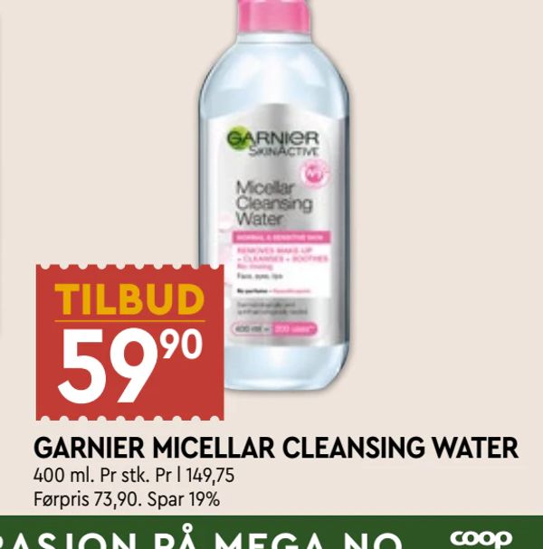 GARNIER MICELLAR CLEANSING WATER 400 ml. Pr stk. Pr l 149,75 Førpris 73,90. Spar 19%