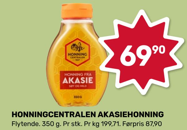 HONNINGCENTRALEN AKASIEHONNING Flytende. 350 g. Pr stk. Pr kg 199,71. Førpris 87,90