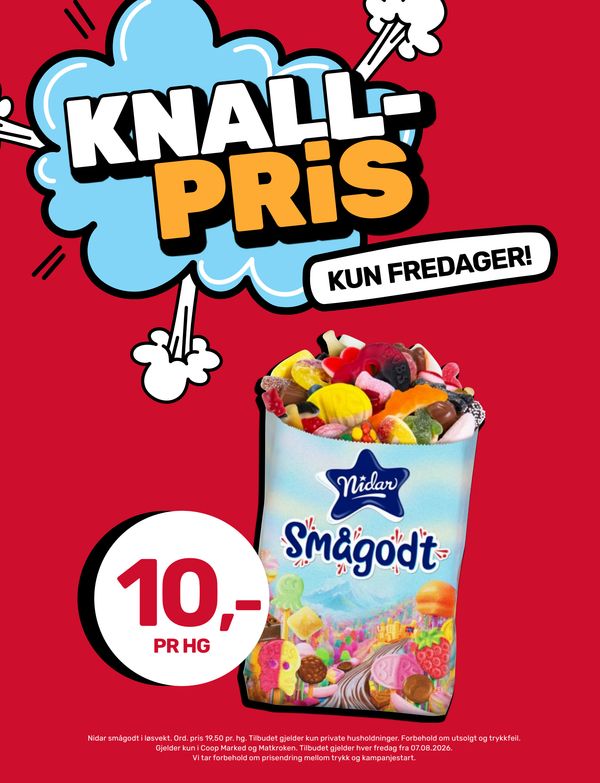 Nidar smågodt i løsvekt Ord. pris 19,50 pr. hg. Tilbudet gjelder kun private husholdninger. Forbehold om utsolgt og trykkfeil. Gjelder kun i Coop Marked og Matkroken. Tilbudet gjelder hver fredag fra 07.08.2026. Vi tar forbehold om prisendring mellom trykk og kampanjestart.