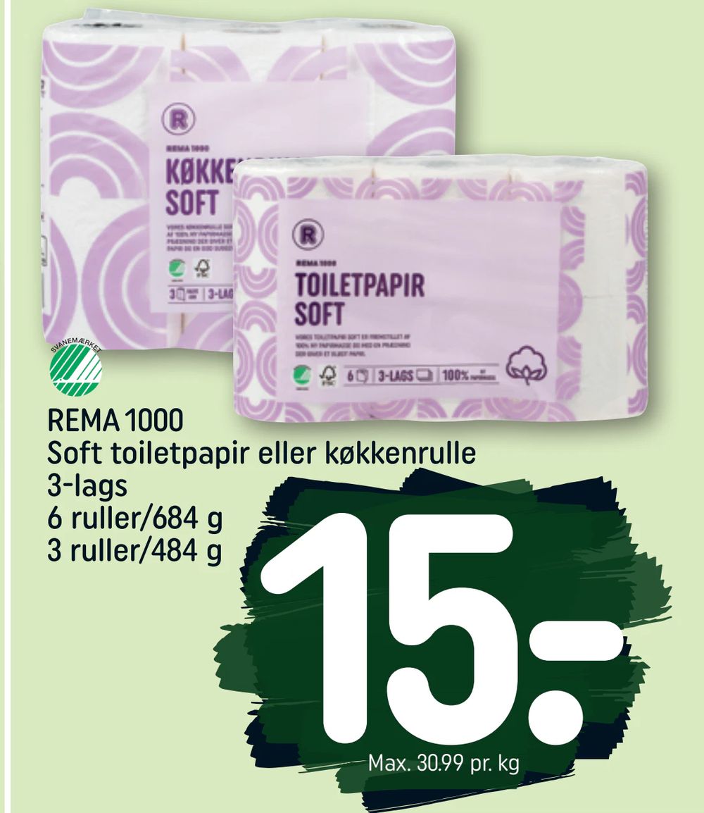 REMA 1000 Soft toiletpapir eller køkkenrulle 3-lags 6 ruller/684 g 3 ruller/484 g