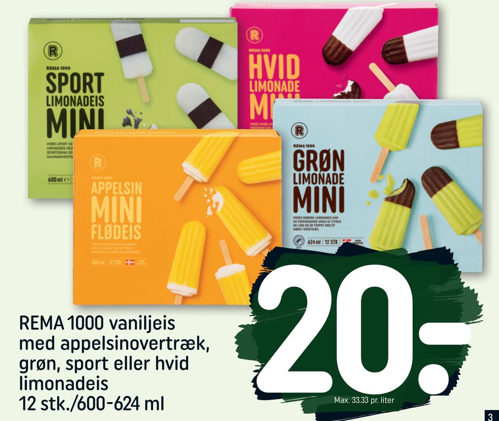REMA 1000 vaniljeis med appelsinovertræk, grøn, sport eller hvid limonadeis 12 stk./600-624 ml