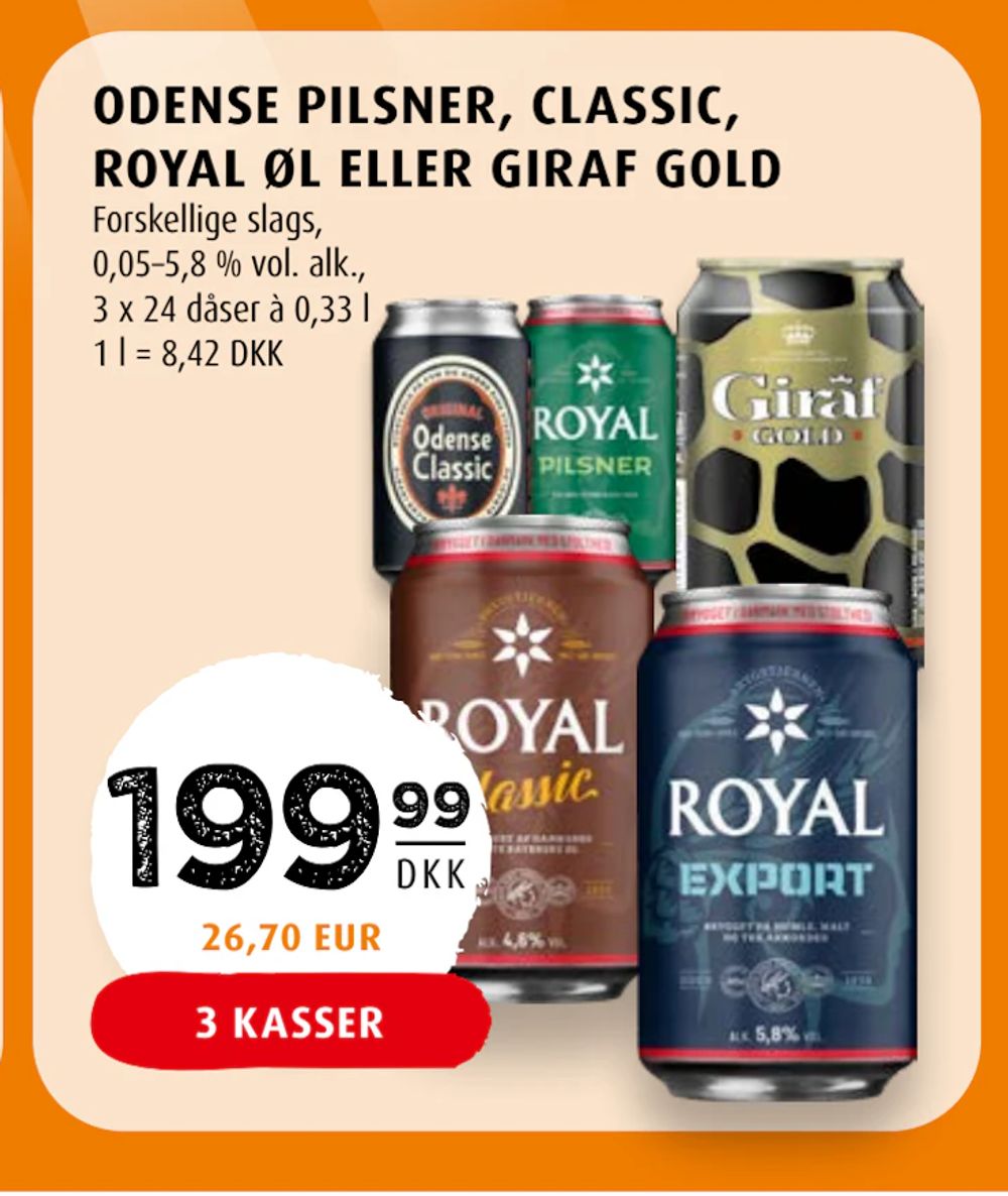 Tilbud på ODENSE PILSNER, CLASSIC, ROYAL ØL ELLER GIRAF GOLD fra Scandinavian Park til 199,99 kr.