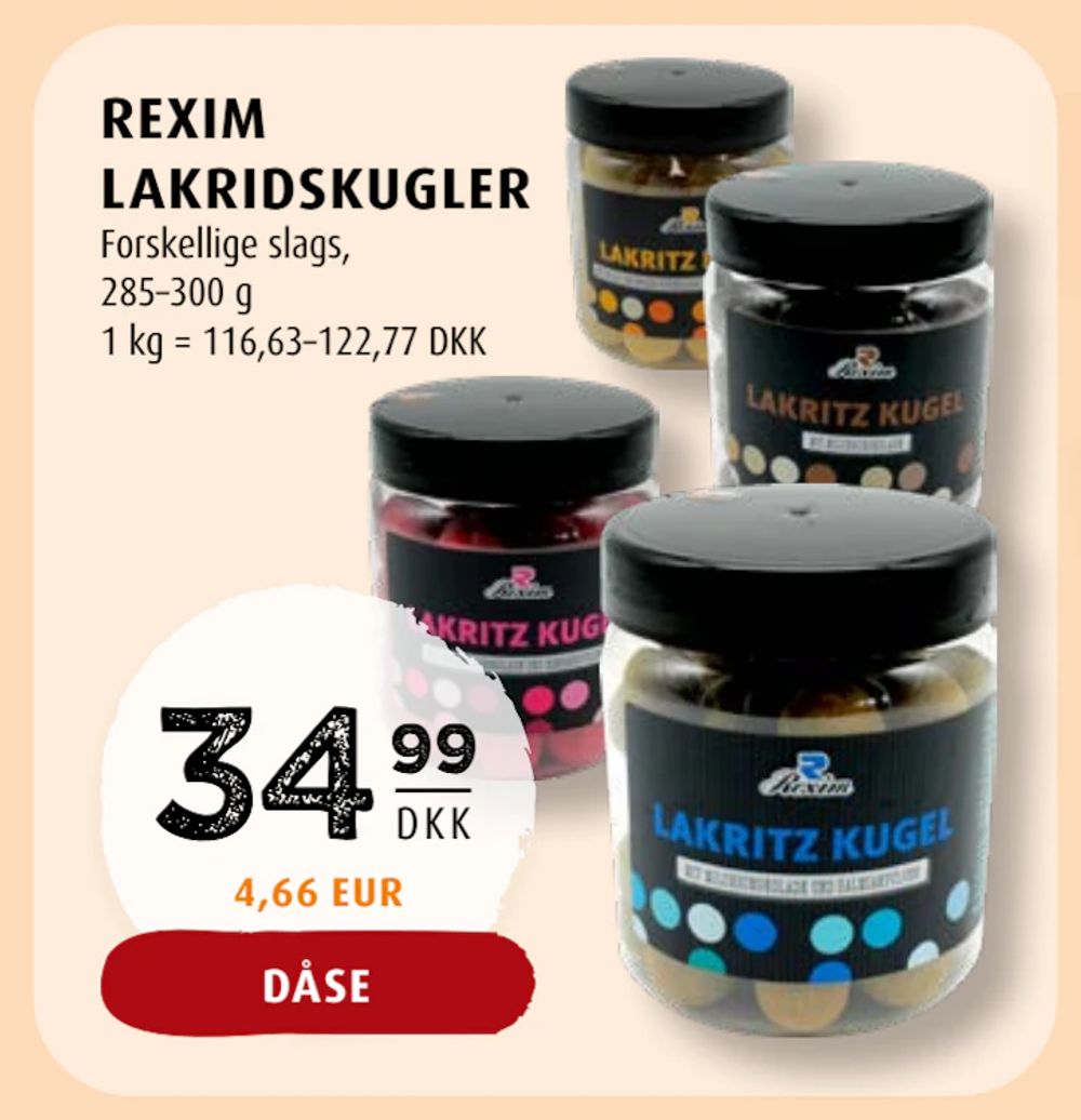 Tilbud på REXIM LAKRIDSKUGLER fra Scandinavian Park til 34,99 kr.