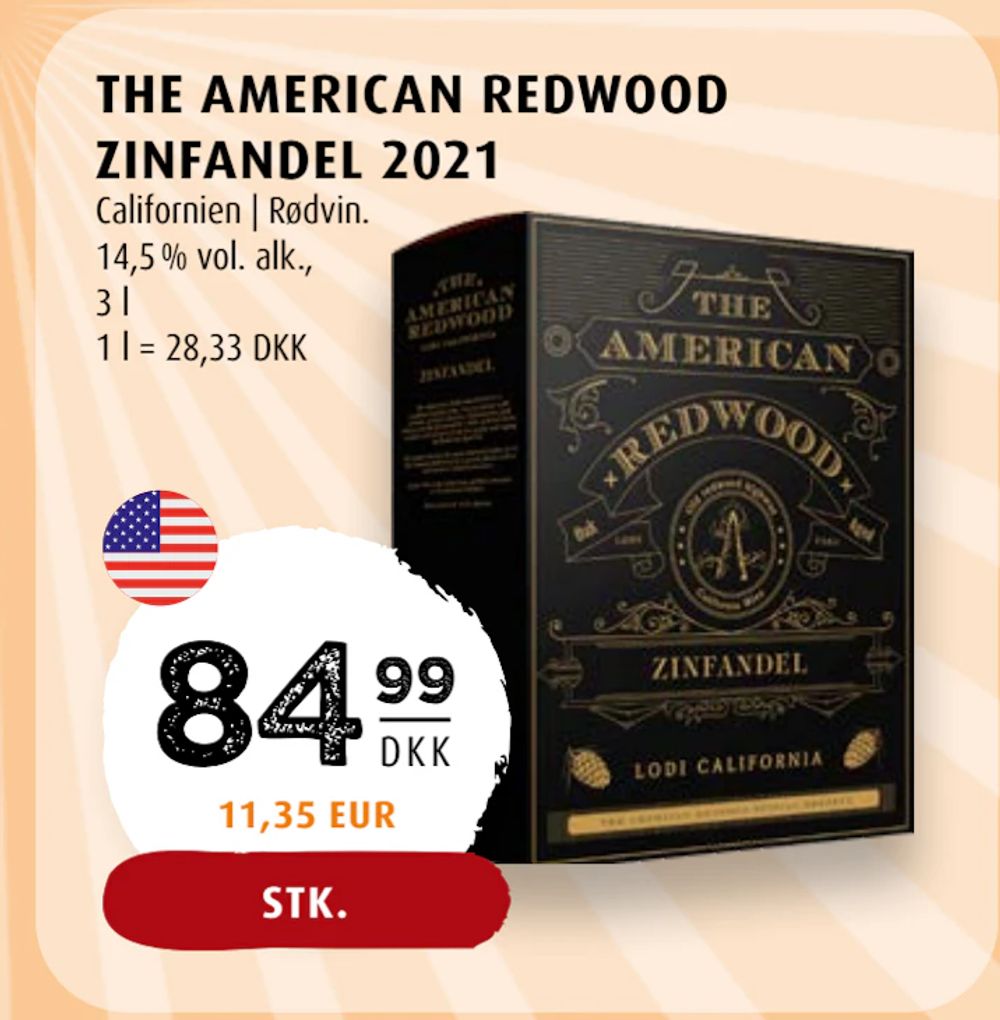 Tilbud på THE AMERICAN REDWOOD ZINFANDEL 2021 fra Scandinavian Park til 84,99 kr.