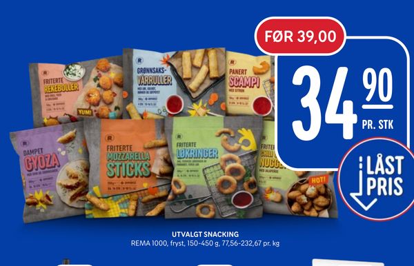UTVALGT SNACKING REMA 1000, fryst, 150-450 g, 77,56-232,67 pr. kg
34,90 PR. STK
FØR 39,00