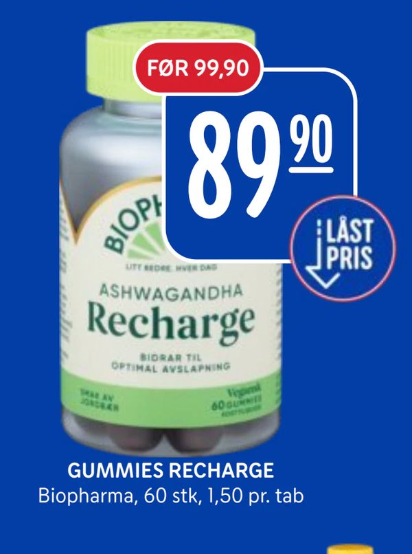 GUMMIES RECHARGE Biopharma, 60 stk, 1,50 pr. tab LÅST PRIS