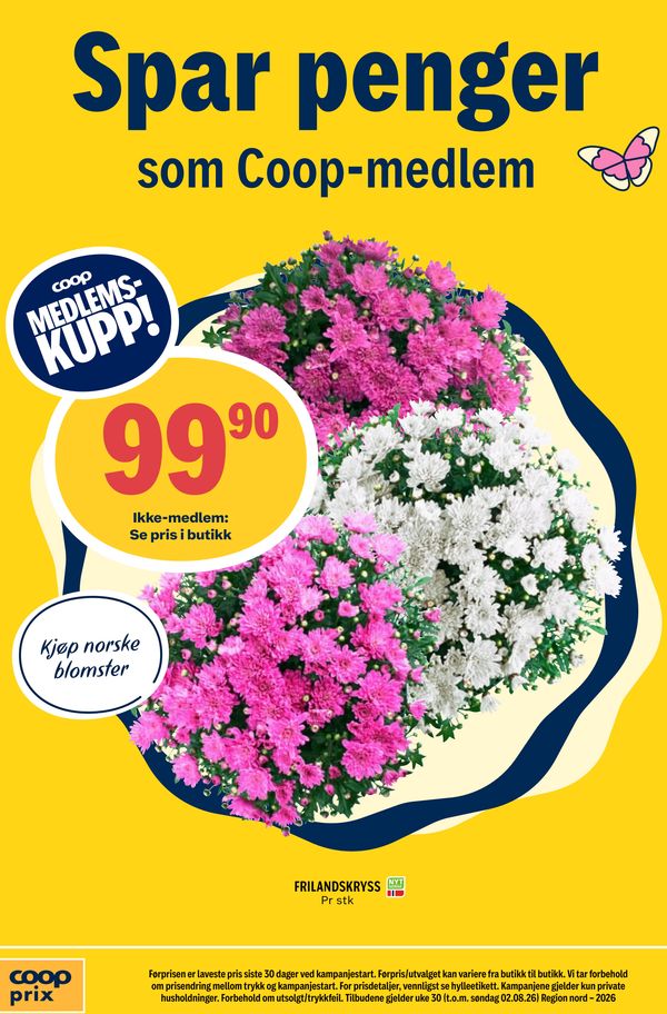 FRILANDSKRYSS Spar penger som Coop-medlem Kjøp norske blomster Ikke-medlem: Se pris i butikk Pr stk Førprisen er laveste pris siste 30 dager ved kampanjestart. Førpris/utvalget kan variere fra butikk til butikk. Vi tar forbehold om prisendring mellom trykk og kampanjestart. For prisdetaljer, vennligst se hylleetikett. Kampanjene gjelder kun private husholdninger. Forbehold om utsolgt/trykkfeil. Tilbudene gjelder uke 30 (t.o.m. søndag 02.08.26) Region nord – 2026