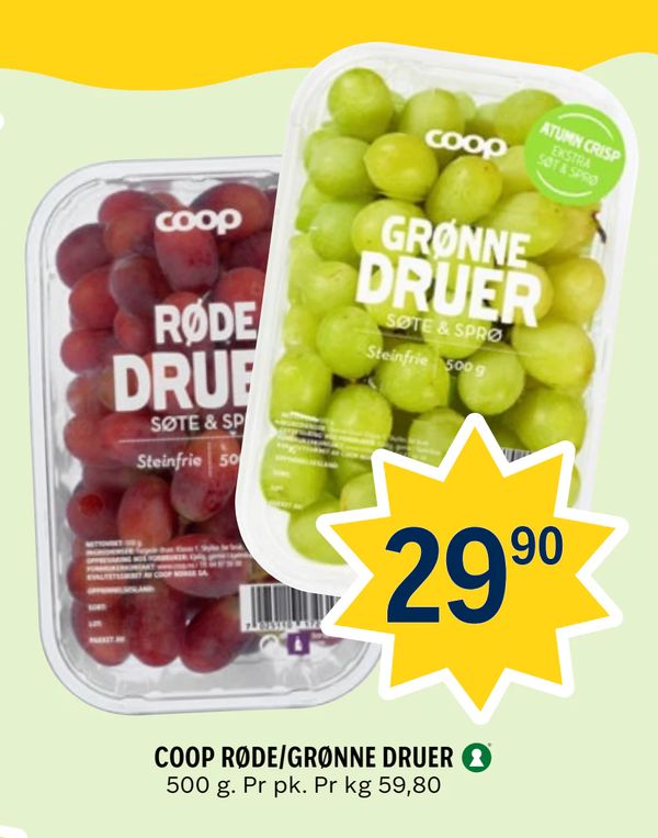 COOP RØDE/GRØNNE DRUER 500 g. Pr pk. Pr kg 59,80