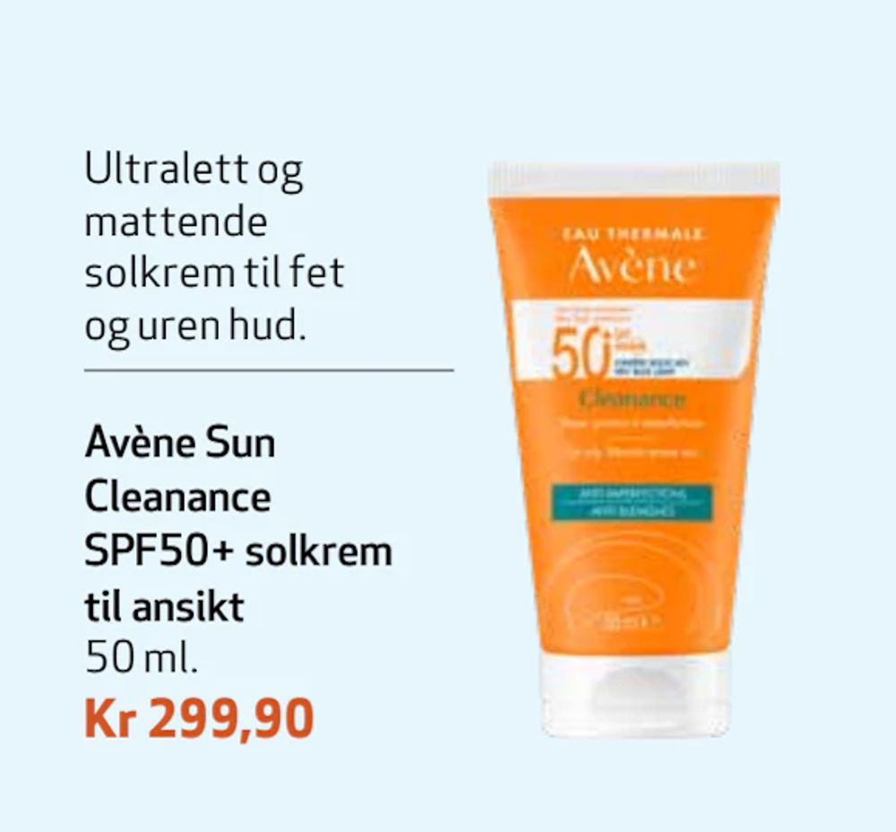 Tilbud på Avène Sun Cleanance SPF50+ solkrem til ansikt fra Apotek 1 til 299,90 kr