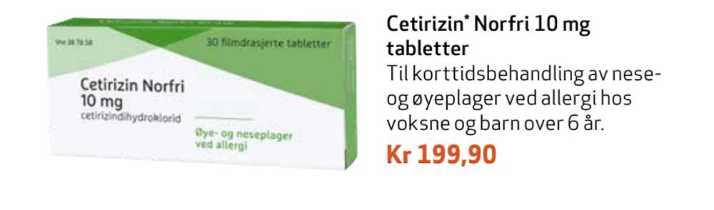 Tilbud på Cetirizin Norfri 10 mg tabletter fra Apotek 1 til 199,90 kr