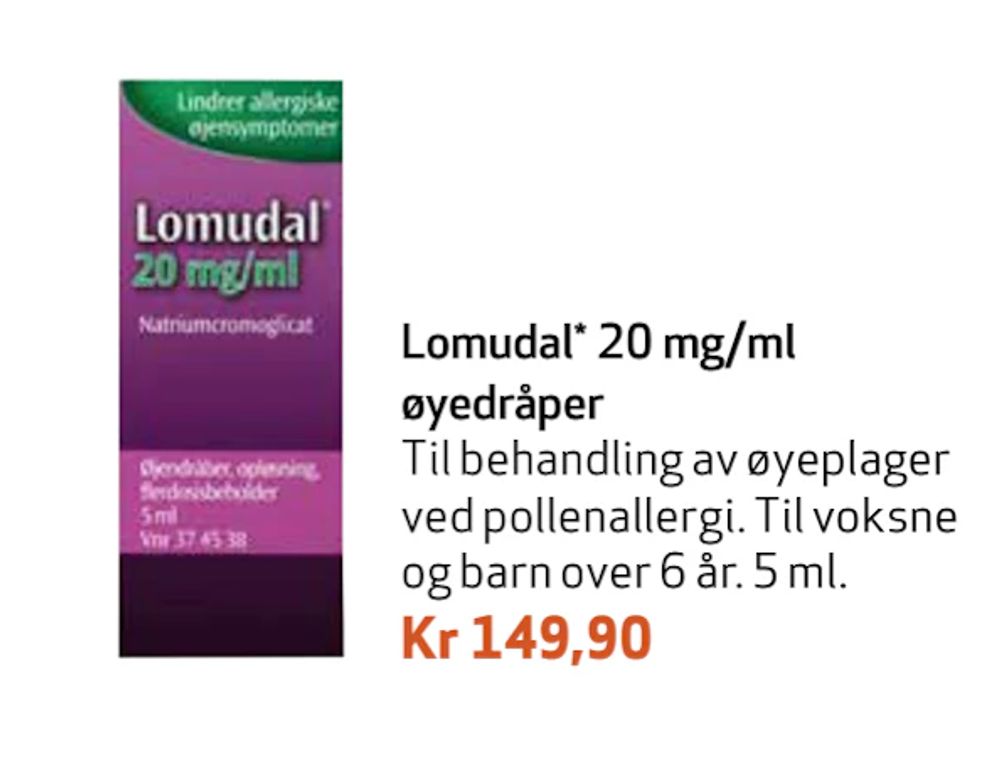 Tilbud på Lomudal 20 mg/ml øyedråper fra Apotek 1 til 149,90 kr
