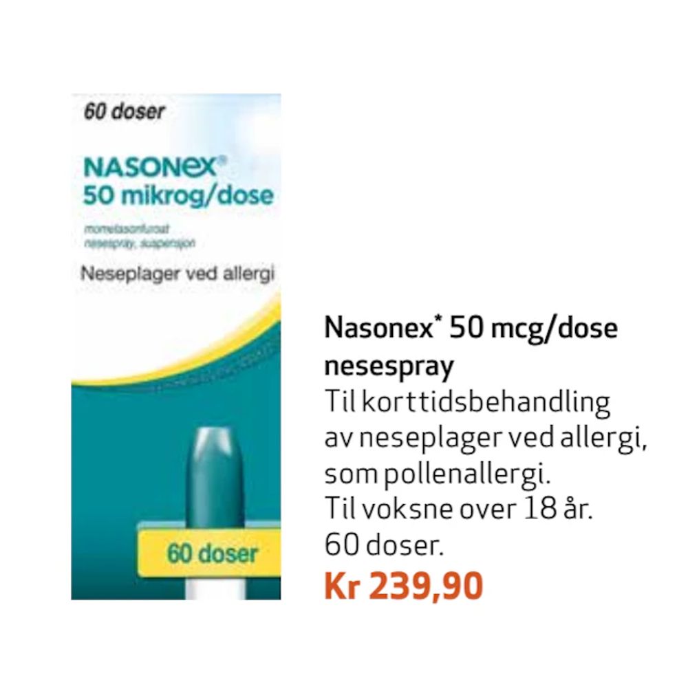Tilbud på Nasonex 50 mcg/dose nese spray fra Apotek 1 til 239,90 kr