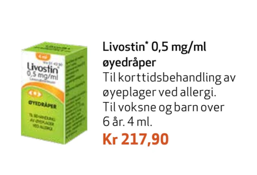 Tilbud på Livostin 0,5 mg/ml øye dråper fra Apotek 1 til 217,90 kr