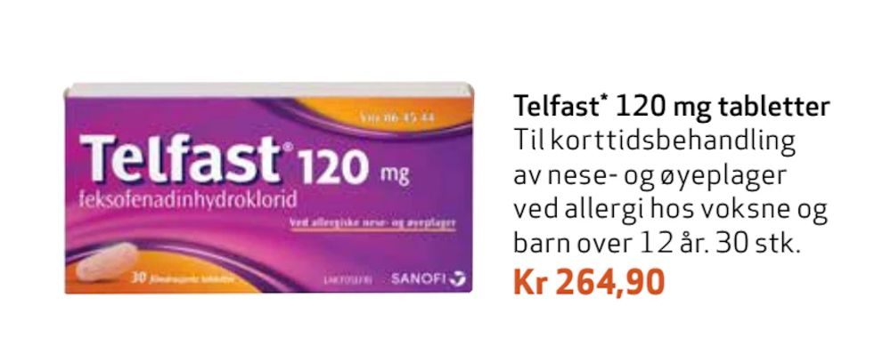 Tilbud på Telfast 120 mg tabletter fra Apotek 1 til 264,90 kr