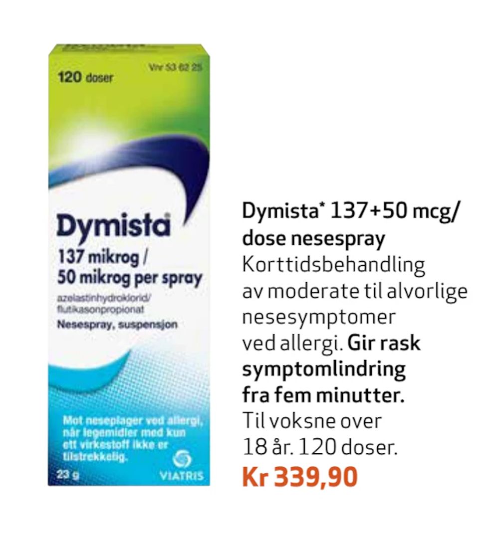 Tilbud på Dymista 137+50 mcg/ dose nesespray fra Apotek 1 til 339,90 kr