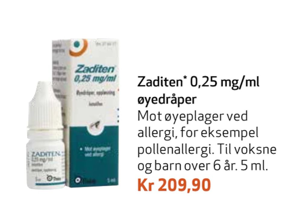 Tilbud på Zaditen 0,25 mg/ml øyedråper fra Apotek 1 til 209,90 kr