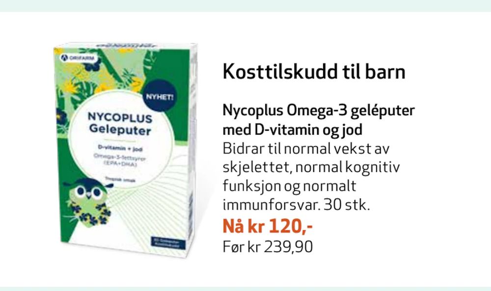 Tilbud på Nycoplus Omega-3 geléputer med D-vitamin og jod fra Apotek 1 til 120 kr