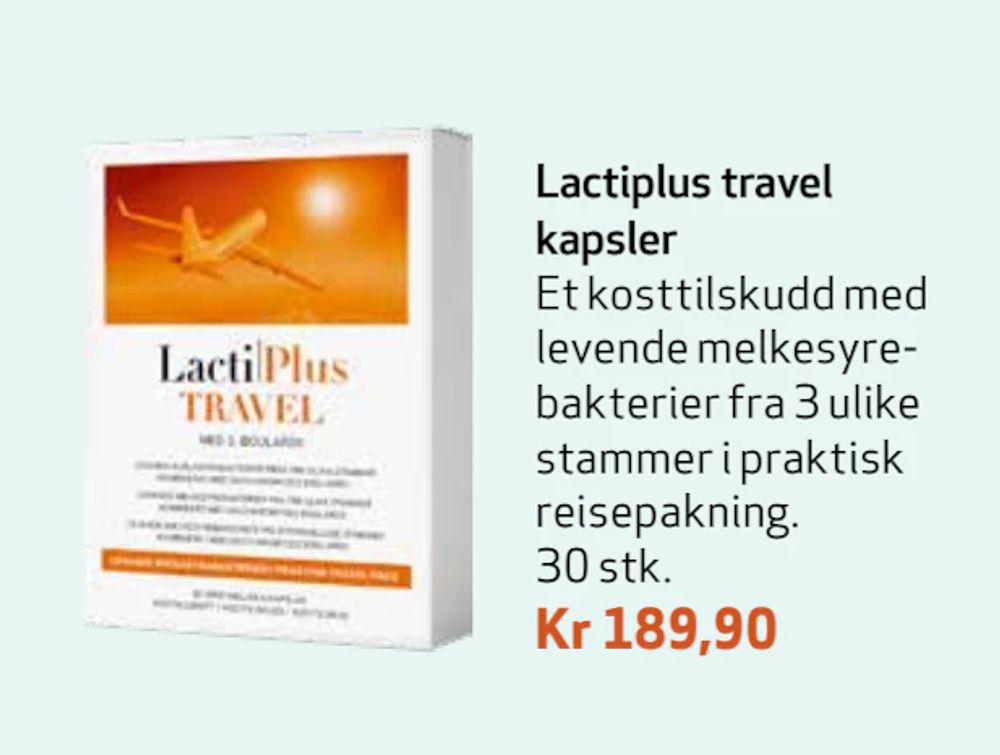 Tilbud på Lactiplus travel kapsler fra Apotek 1 til 189,90 kr