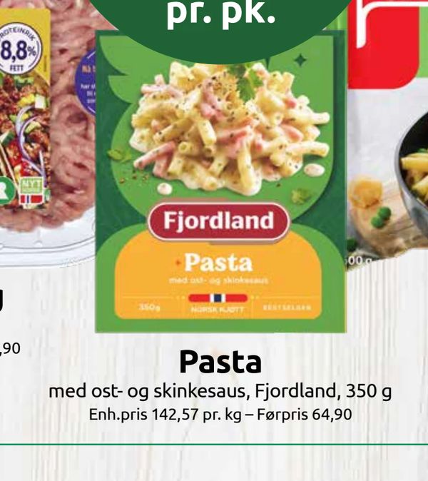 Pasta med ost- og skinkesaus, Fjordland, 350 g Enh.pris 142,57 pr. kg – Førpris 64,90