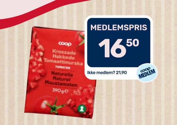 Krossade Hakkede Tomaattimurska coop TOMATER Naturella Naturel Maustamaton 390 g Ikke medlem? 21,90