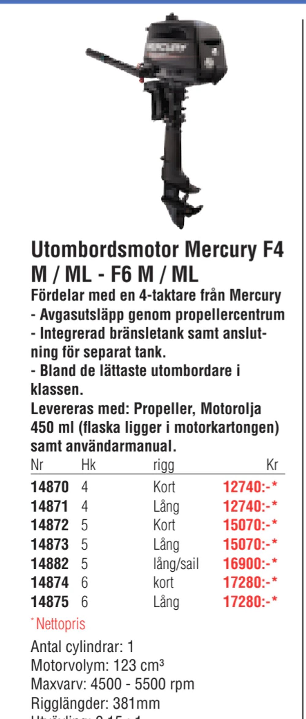 Erbjudanden på Utombordsmotor Mercury F4 M / ML - F6 M / ML från Erlandsons Brygga för 12 740 kr