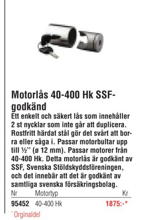 Motorlås 40-400 Hk SSFgodkänd
