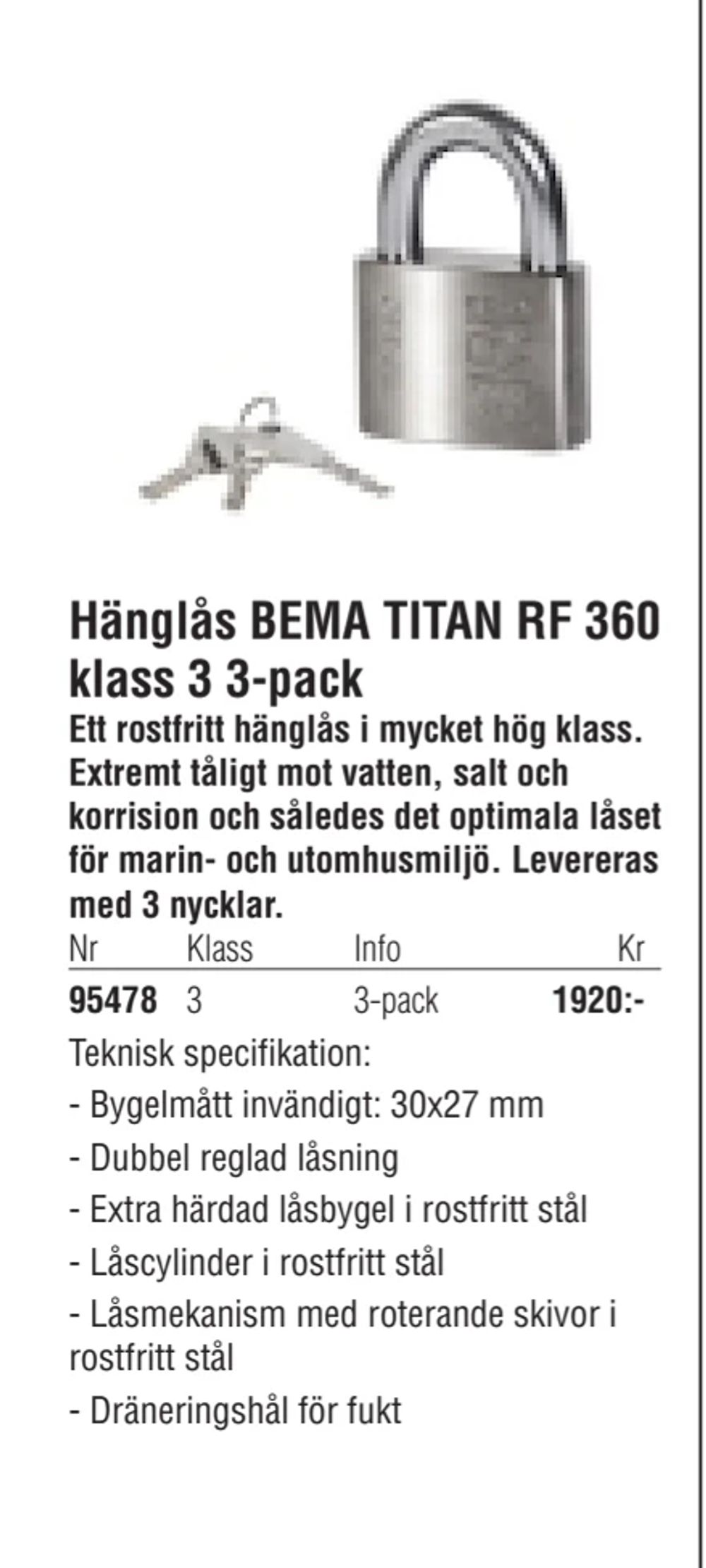 Erbjudanden på Hänglås BEMA TITAN RF 360 klass 3 3-pack från Erlandsons Brygga för 1 920 kr