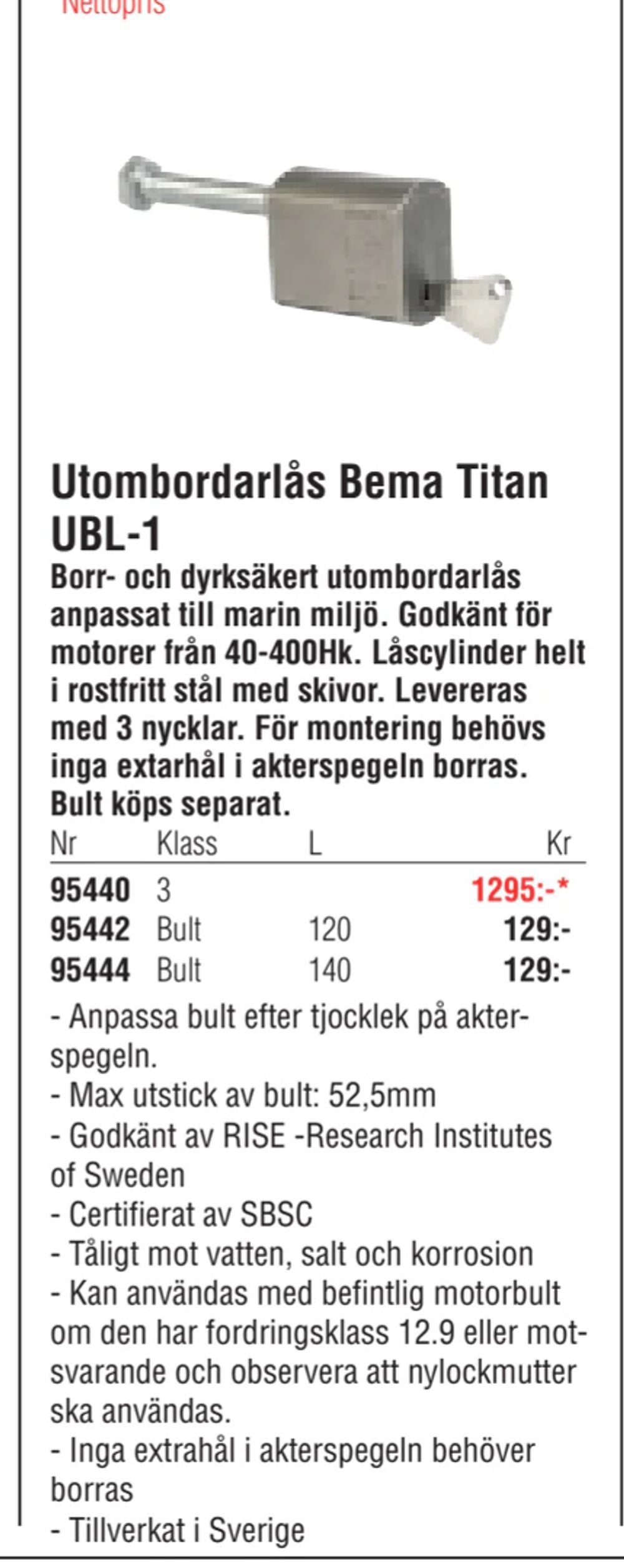 Erbjudanden på Utombordarlås Bema Titan UBL-1 från Erlandsons Brygga för 1 295 kr