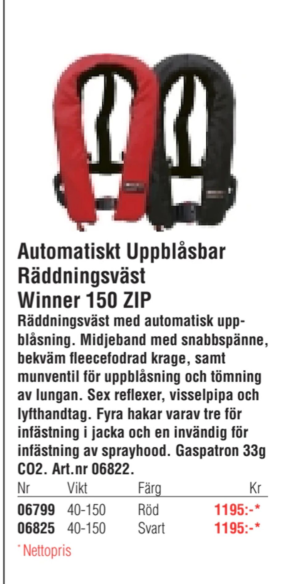 Erbjudanden på Automatiskt Uppblåsbar Räddningsväst Winner 150 ZIP från Erlandsons Brygga för 1 195 kr