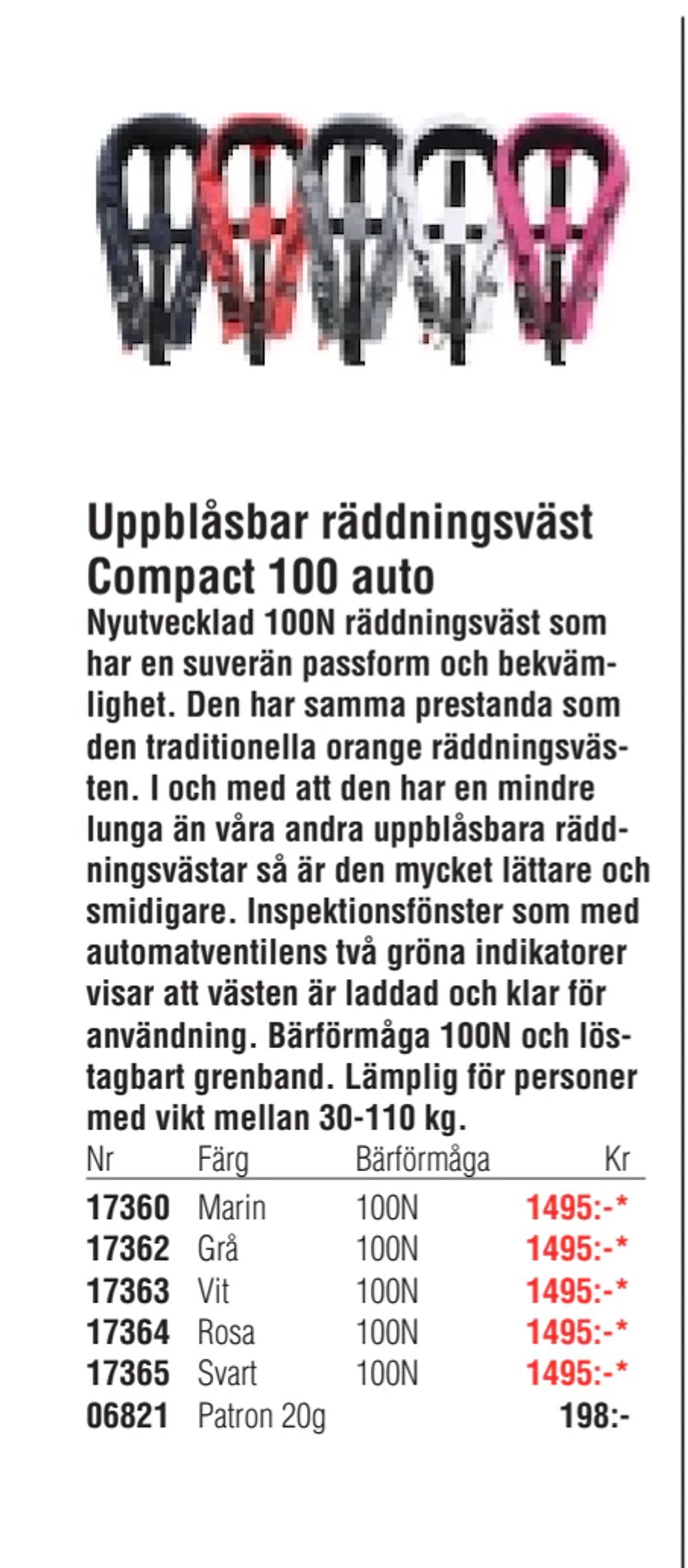 Erbjudanden på Uppblåsbar räddningsväst Compact 100 auto från Erlandsons Brygga för 1 495 kr
