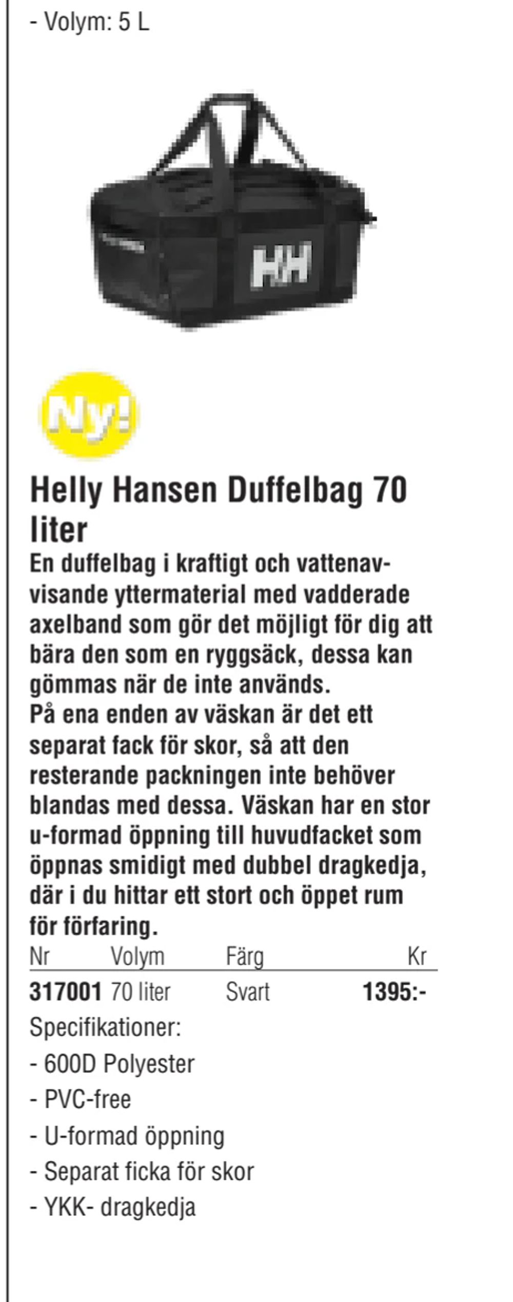 Erbjudanden på Helly Hansen Duffelbag 70 liter från Erlandsons Brygga för 1 395 kr