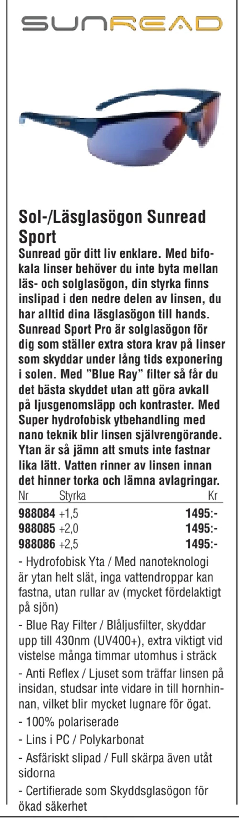 Erbjudanden på Sol-/Läsglasögon Sunread Sport från Erlandsons Brygga för 1 495 kr