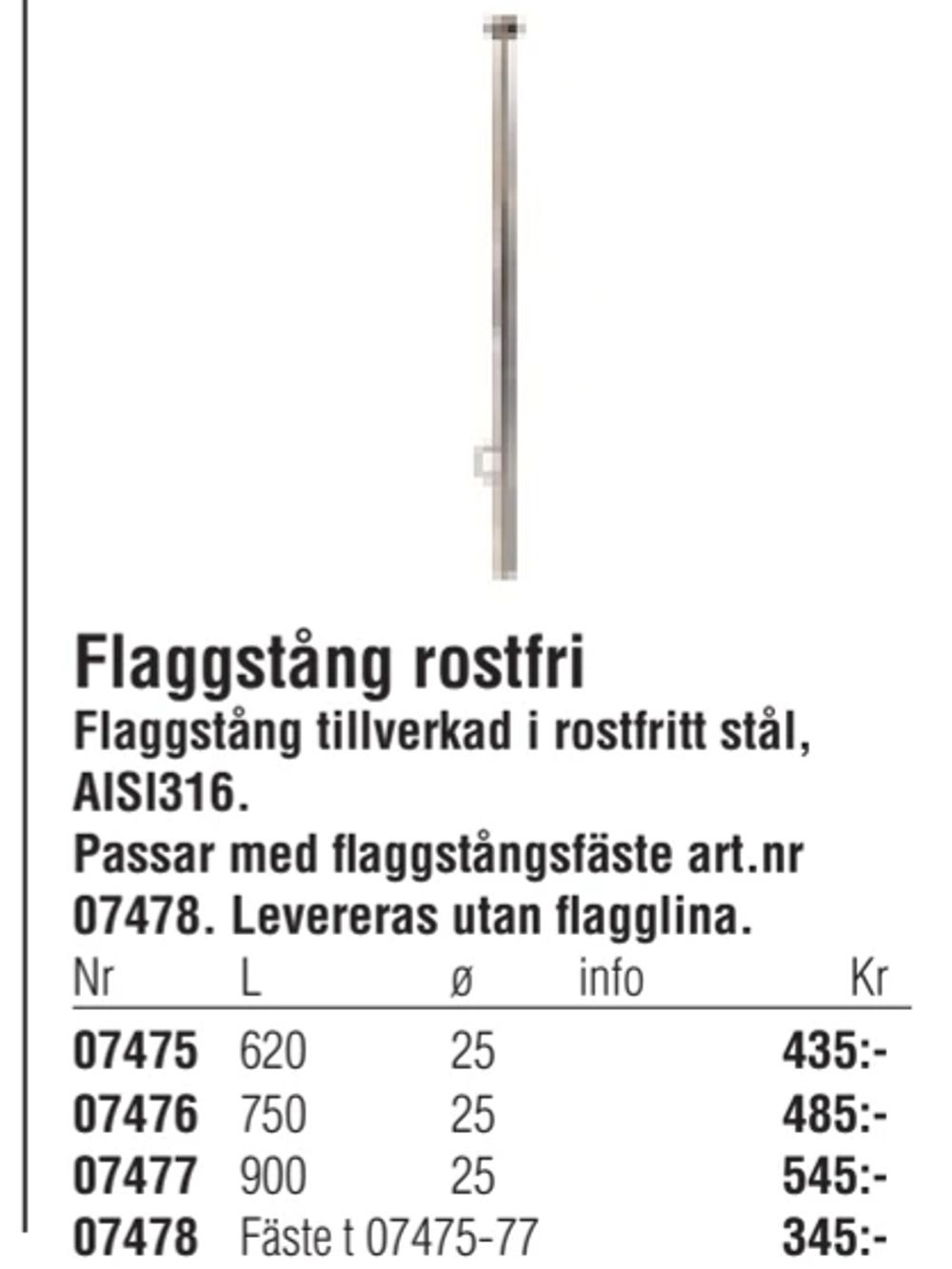 Erbjudanden på Flaggstång rostfri från Erlandsons Brygga för 435 kr