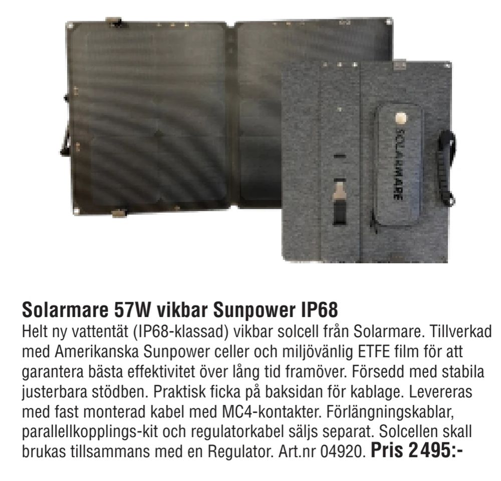 Erbjudanden på Solarmare 57W vikbar Sunpower IP68 från Erlandsons Brygga för 2 495 kr