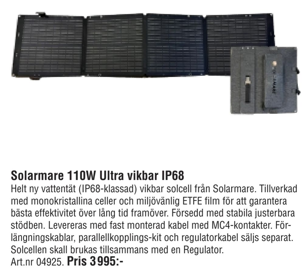 Erbjudanden på Solarmare 110W Ultra vikbar IP68 från Erlandsons Brygga för 3 995 kr