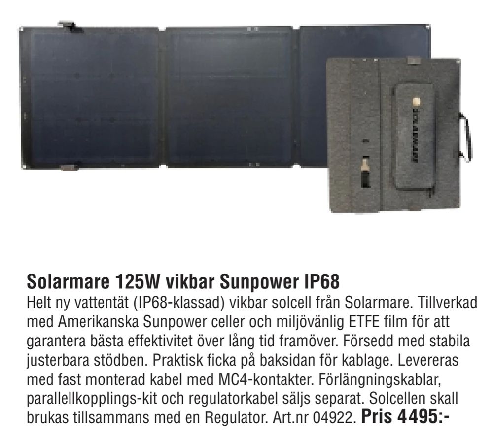 Erbjudanden på Solarmare 125W vikbar Sunpower IP68 från Erlandsons Brygga för 4 495 kr