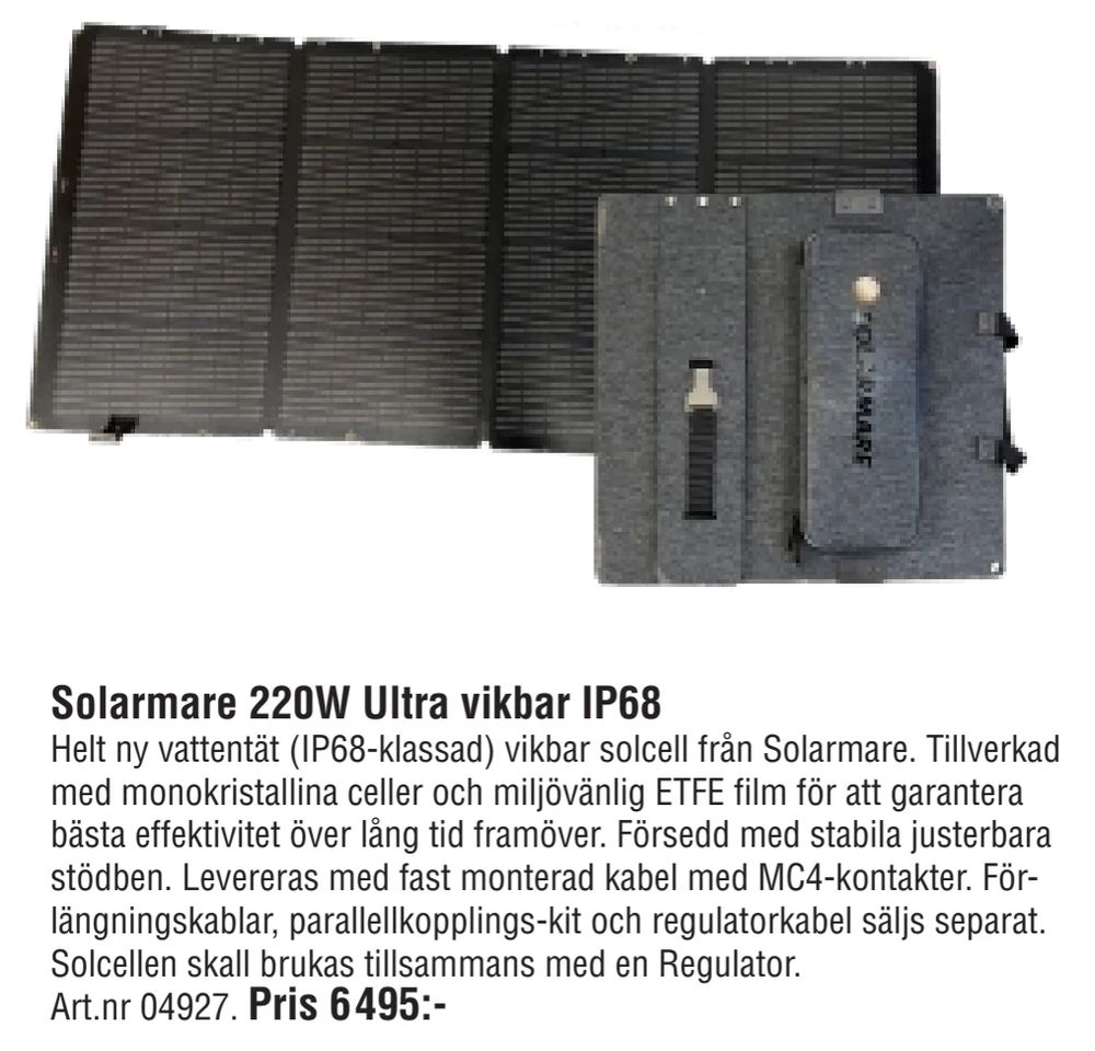 Erbjudanden på Solarmare 220W Ultra vikbar IP68 från Erlandsons Brygga för 6 495 kr