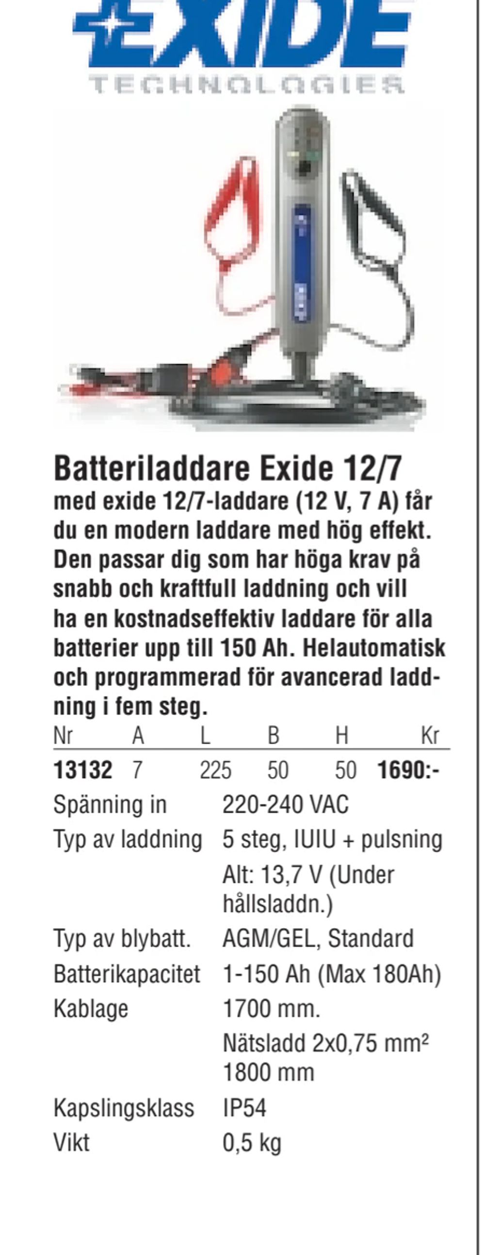 Erbjudanden på Batteriladdare Exide 12/7 från Erlandsons Brygga för 1 690 kr