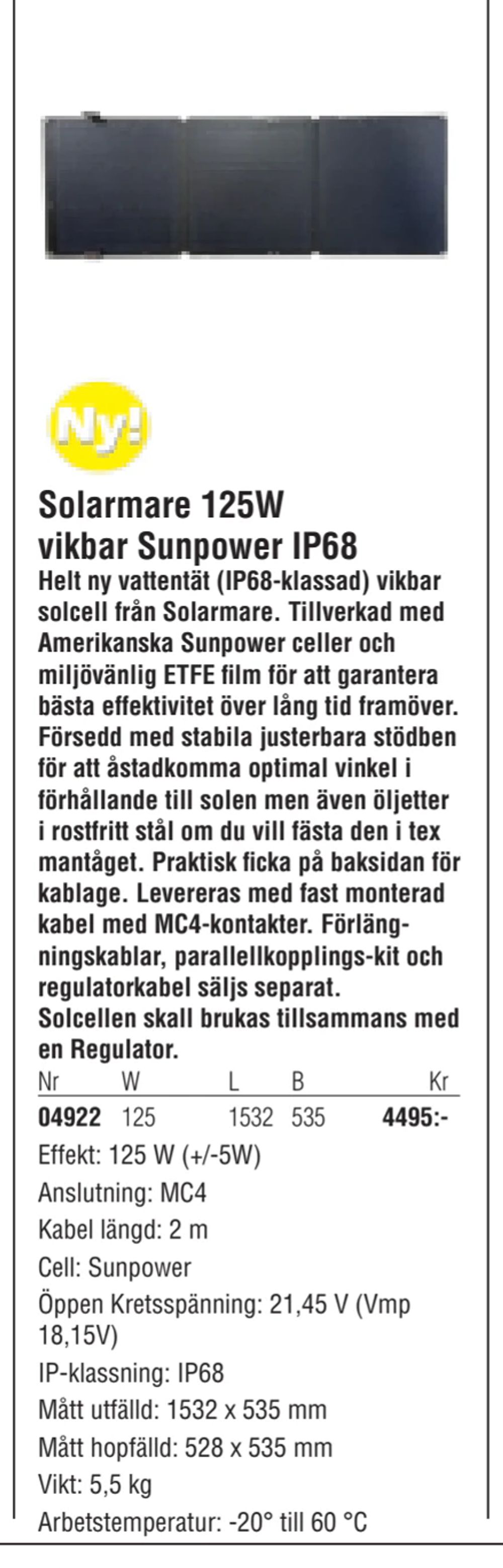 Erbjudanden på Solarmare 125W vikbar Sunpower IP68 från Erlandsons Brygga för 4 495 kr